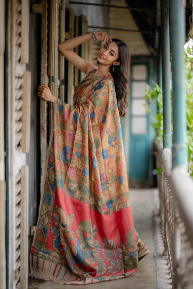 Multi Color Floral & Bird Motif Organic Dye Kalamkari Saree - BBS32